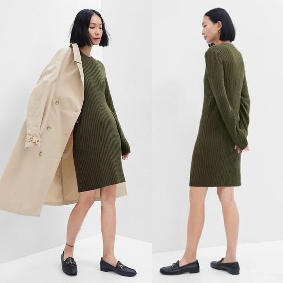 GAP Sweater Rib Knit Dress Size XL Puff Sleeve Mini Deep Depths Green 770378 - Picture 2 of 11